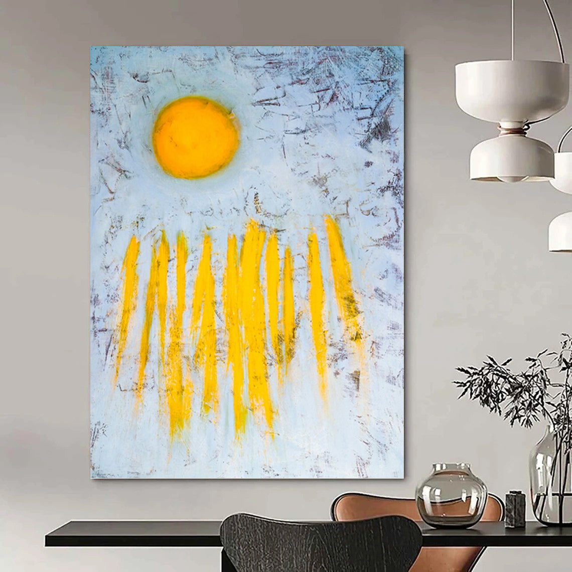 “Yellow Sun & Strokes on Blue” - Abstract Landscape - Inspired Painting On Canvas DKH1089