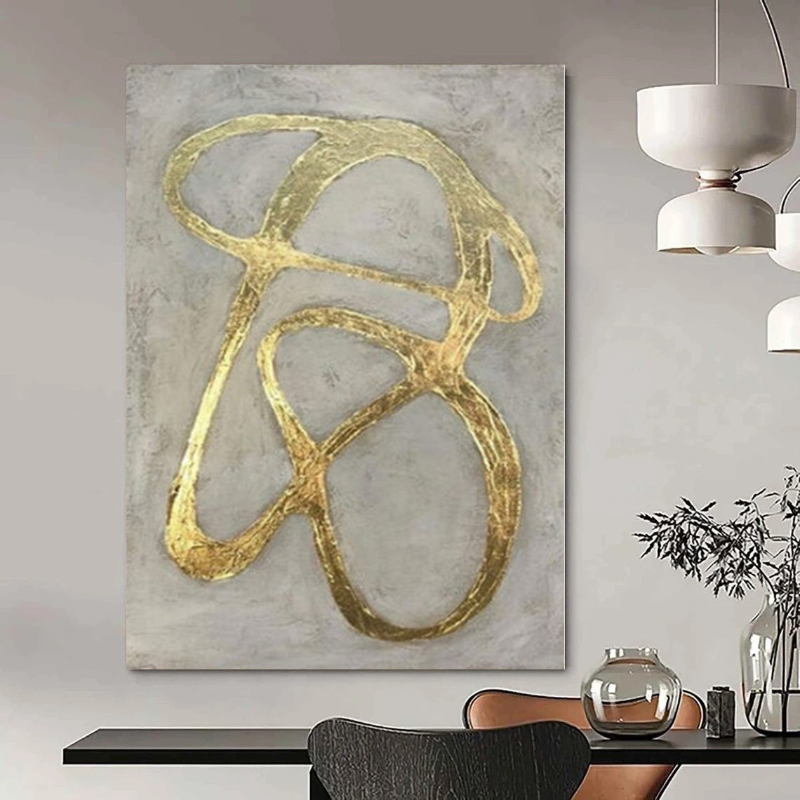 “Gold - Gray Abstract Loops” – Metallic Abstract Painting CT1097