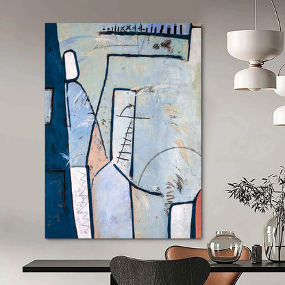 Blue - Toned Geometric Abstract with Linear Details Painting On Canvas CT2393