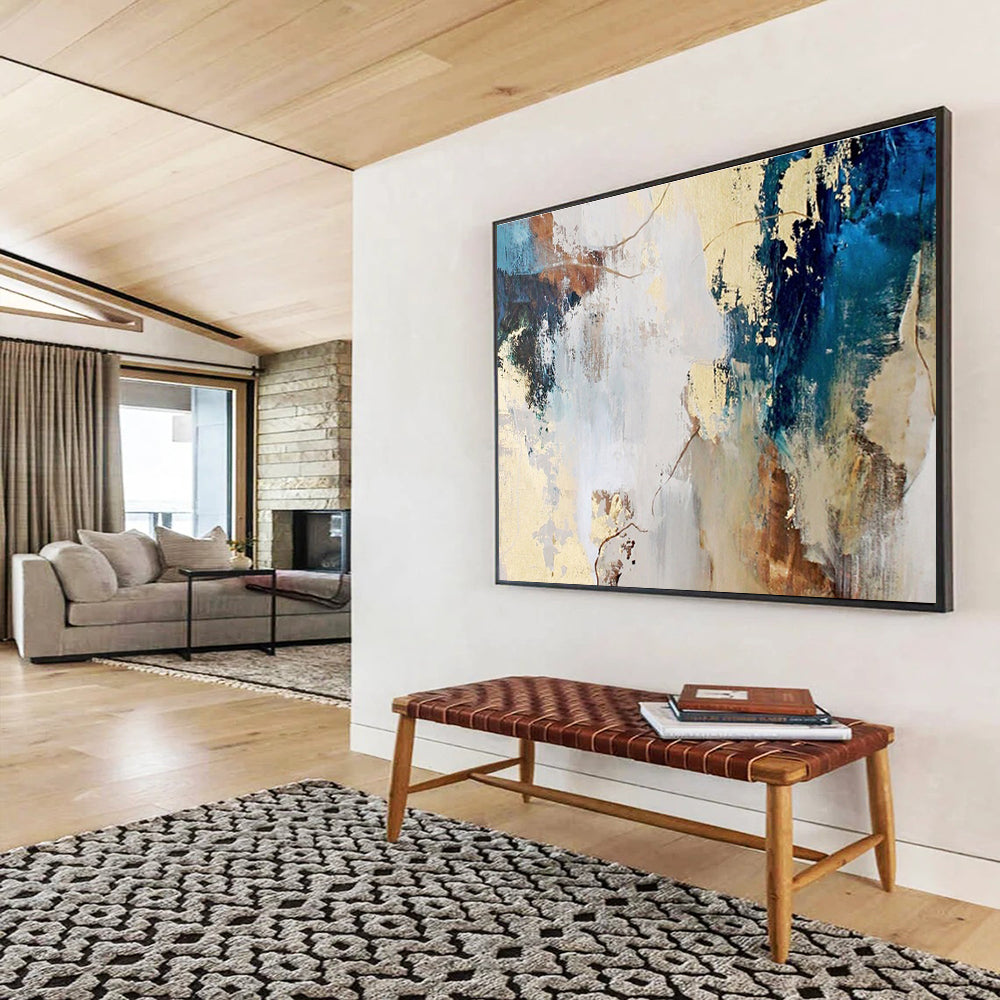 Brown, Blue, and Gold Abstract “Earthly Elegant Abstraction” Painting On Canvas DKH130