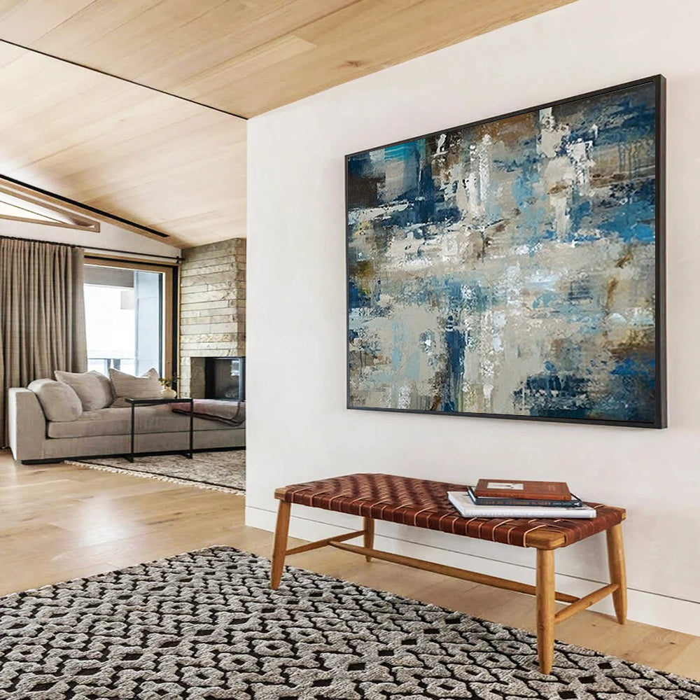 “Blue, Gray, Abstract Scene ‘Urban Coastal Fusion’” - Abstract Cityscape Painting On Canvas DLZ036