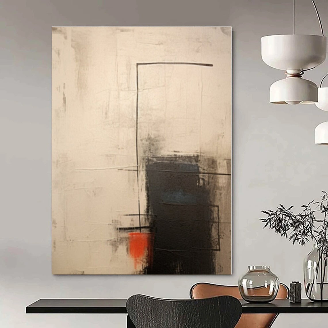 Linear Abstraction in Neutrals & Red - Abstract Geometric Oil CT1291