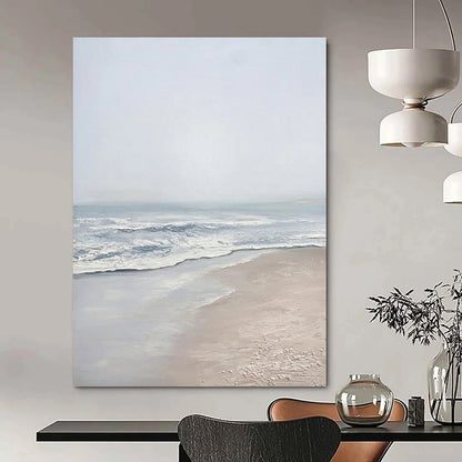 “Serene Gray Beach” - Gray, Blue, White Landscape Painting On Canvas DTP310