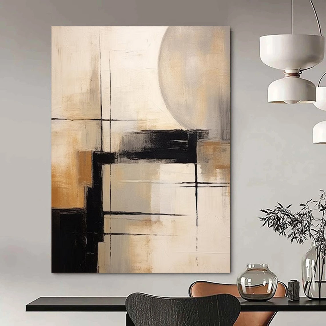 “Black, White, Beige Geometric Abstraction ‘Structured Serenity’” - Textured Abstract Painting On Canvas DTP356