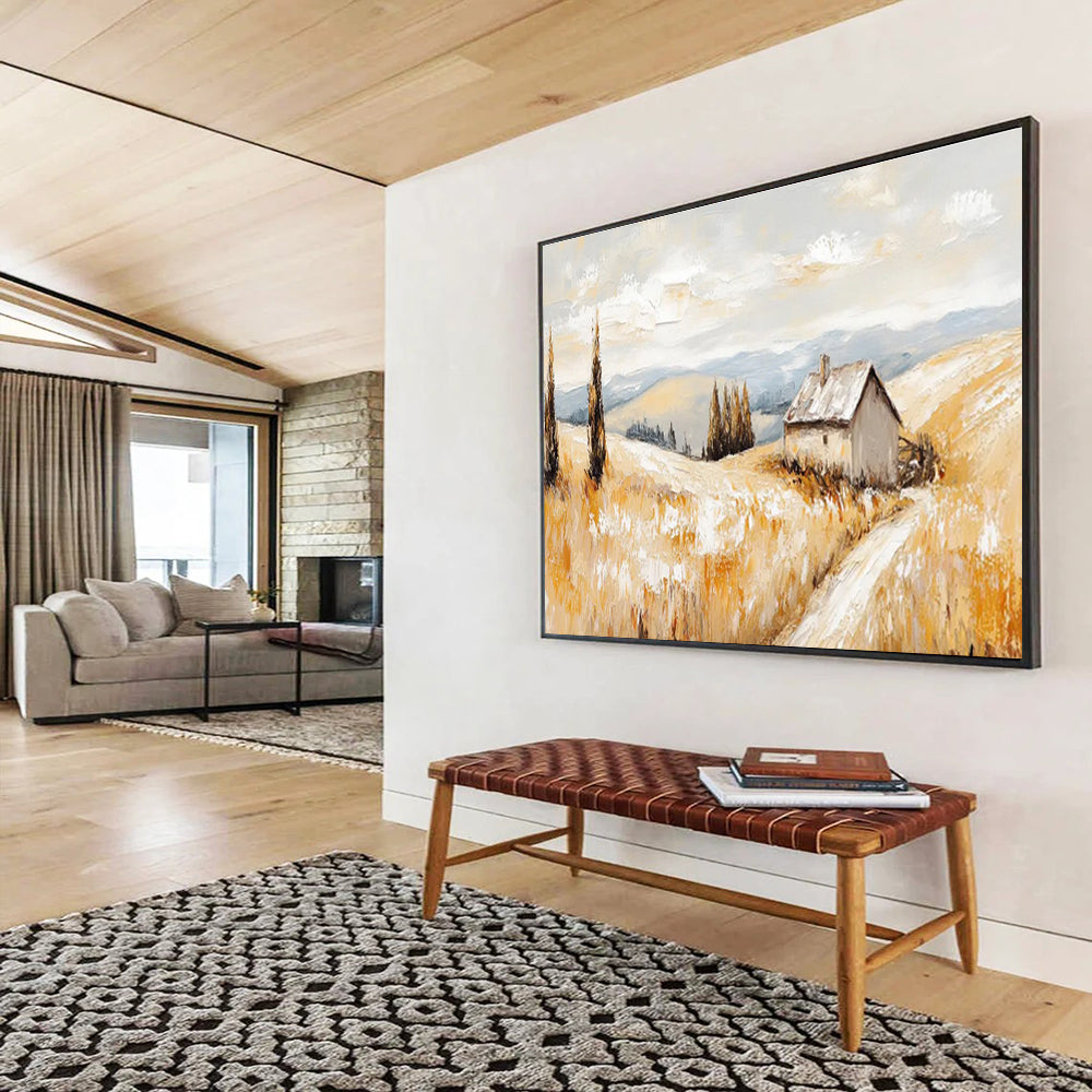 “Golden Field & Cottage” Landscape Oil Painting On Canvas DKH461