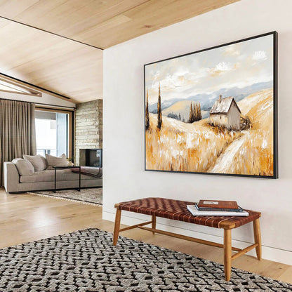 “Golden Field & Cottage” Landscape Oil Painting On Canvas DKH461