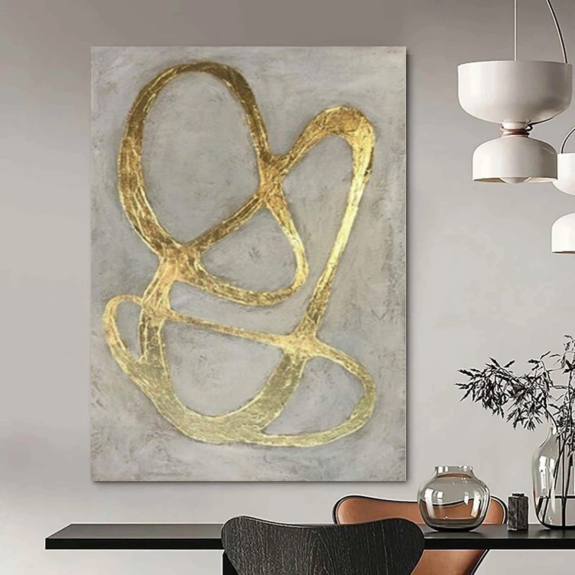 “Gold - Gray Abstract Loops (Variation)” – Metallic Abstract Painting CT1098