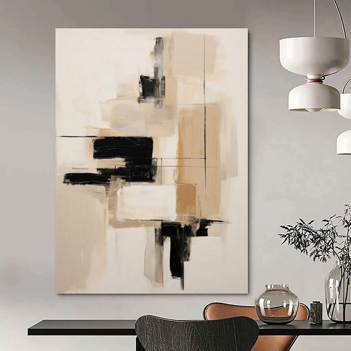 Neutral Tones with Black Blocks - Minimalist Abstract Acrylic On Canvas CT1296