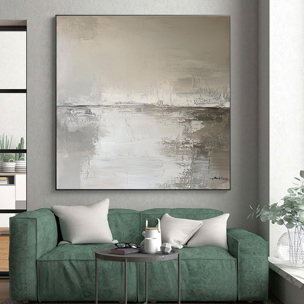 Gray & White Textured Landscape, “Misty Horizon” - Impasto Abstract Landscape Painting CT0772