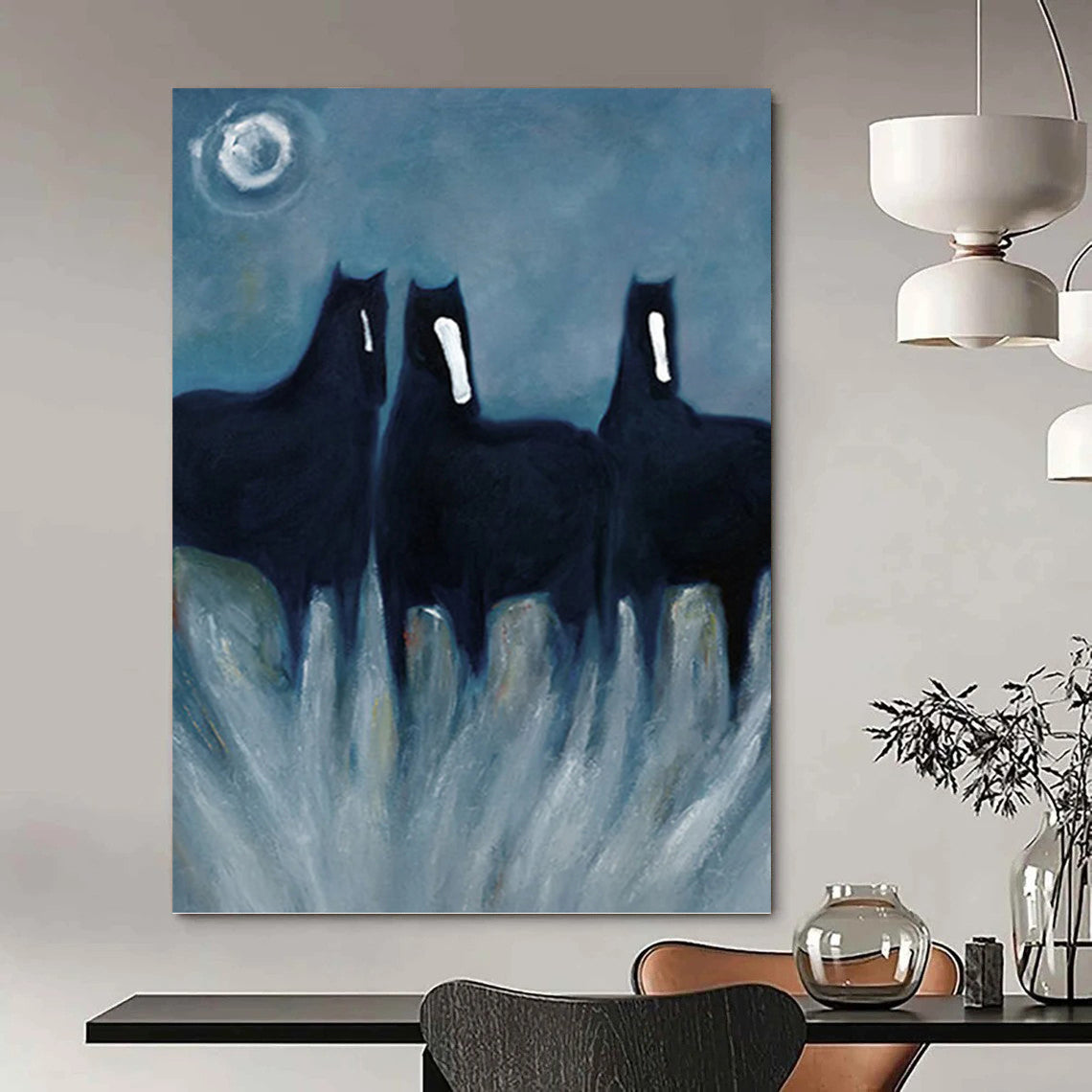 Mystical Black Horses in Tall Grass - Equine Painting On Canvas DKH1444