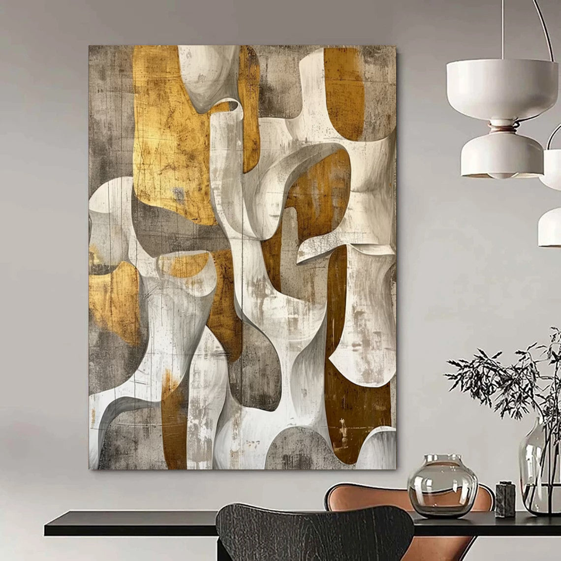 “Gold - Gray Abstract Shapes” - Modernist Impasto Painting On Canvas DTP011