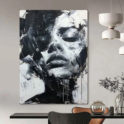“Dynamic Black - and - White Abstract Face” – Expressive Impasto Portrait Painting On Canvas CT2139