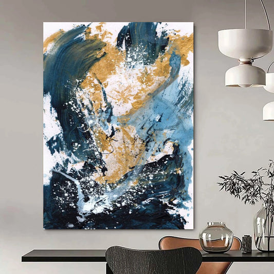 “Blue - Gold Abstract Splash” - Blue, Gold, White Abstract Painting On Canvas DTP234