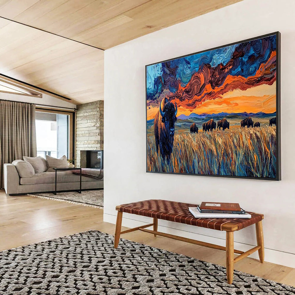 “Swirling Sky Bison Herd” - Dynamic Wildlife Painting On Canvas DKH806