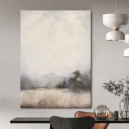 “Misty Lake Dreamscape” – Impressionistic Landscape Oil Painting with Soft Gray and Beige CT2056