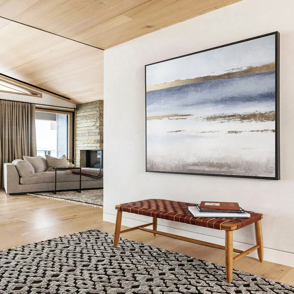 Blue, White, and Gold Abstract Landscape “Coastal Ethereal Horizons” Painting On Canvas DKH135