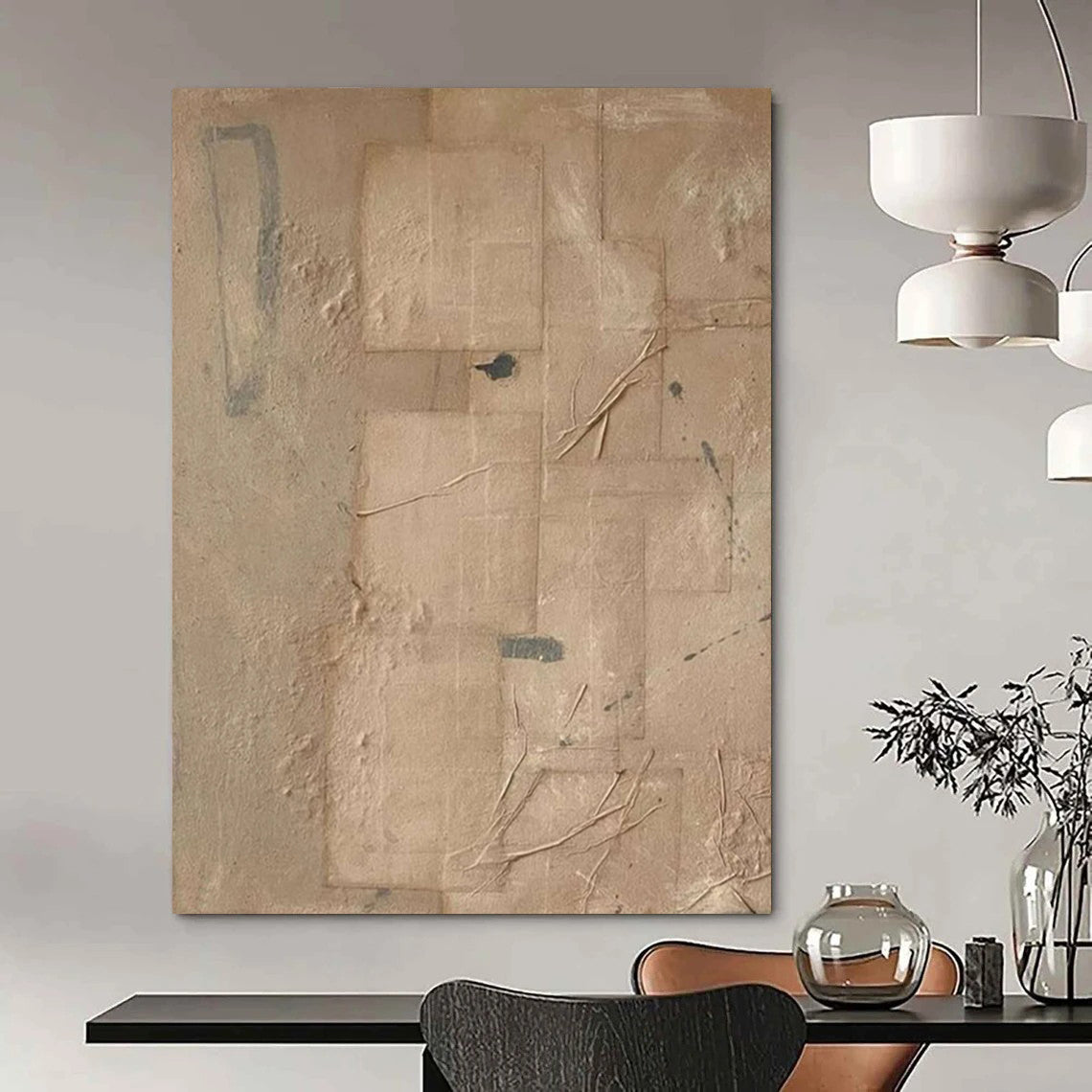 “Beige, Gray Textured Collage ‘Earthly Layers’” - Mixed - Media Abstract Painting On Canvas DTP336