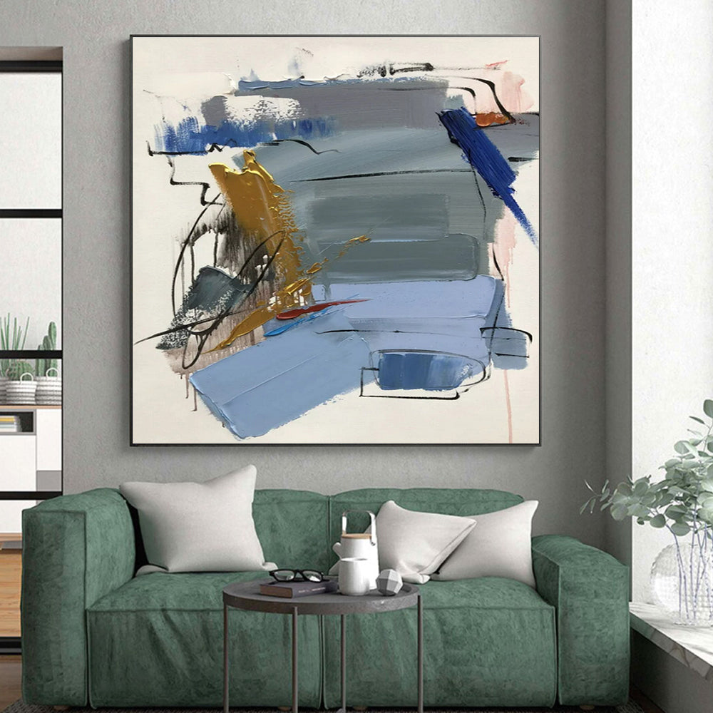 “Blue - Gray - Gold Abstract Fusion” ，Abstract Acrylic Painting CT0804