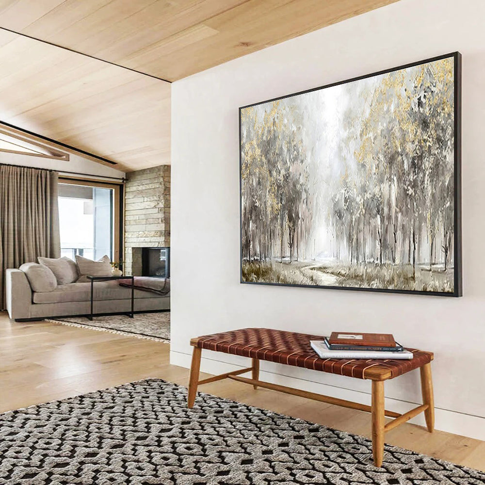 “Golden Forest Path” - Gray, Gold, Green Textured Landscape Painting On Canvas DKH737