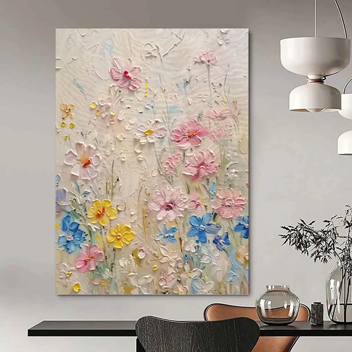 “Textured Colorful Wildflowers” - Multicolor Impasto Floral Painting On Canvas DKH1000