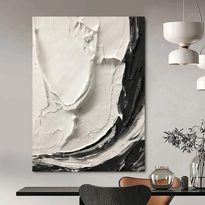“White, Black Textured Swirls ‘Tactile Harmony’” - Impasto Abstract Painting On Canvas DTP387