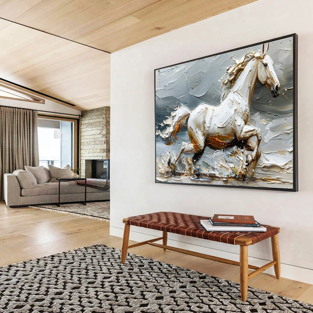 “Galloping White Horse” - Textured Equine Painting On Canvas DKH812