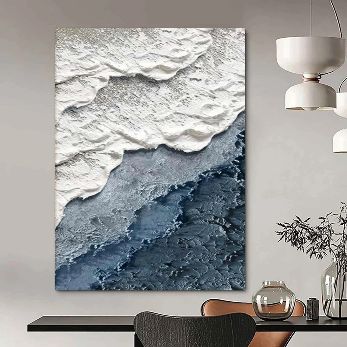 “White, Gray, Blue Textured Shore ‘Coastal Layers’” - Impasto Sea & Sand Painting On Canvas DTP325