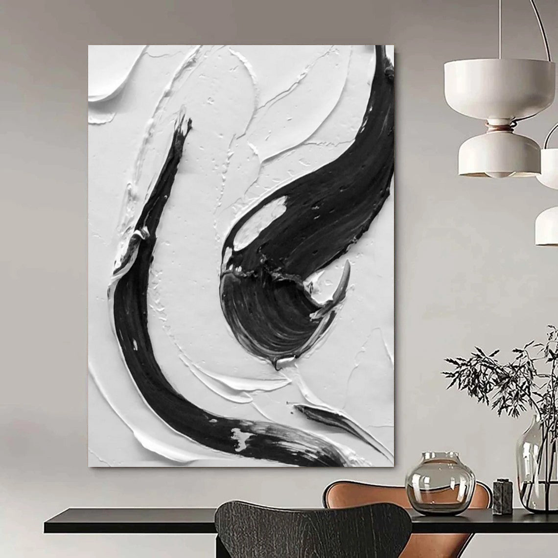 “Black, White Textured Swirls ‘Dynamic Balance’” - Impasto Abstract Painting On Canvas DTP377