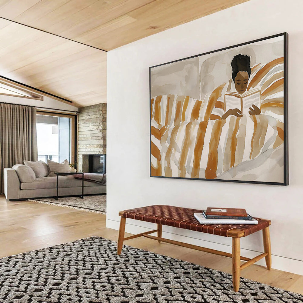 Woman Reading in Striped Bed Cozy Scene Painting On Canvas DKH230