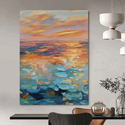 “Colorful Sea Sunset” - Orange, Pink & Blue Seaside Landscape Painting On Canvas CT2204