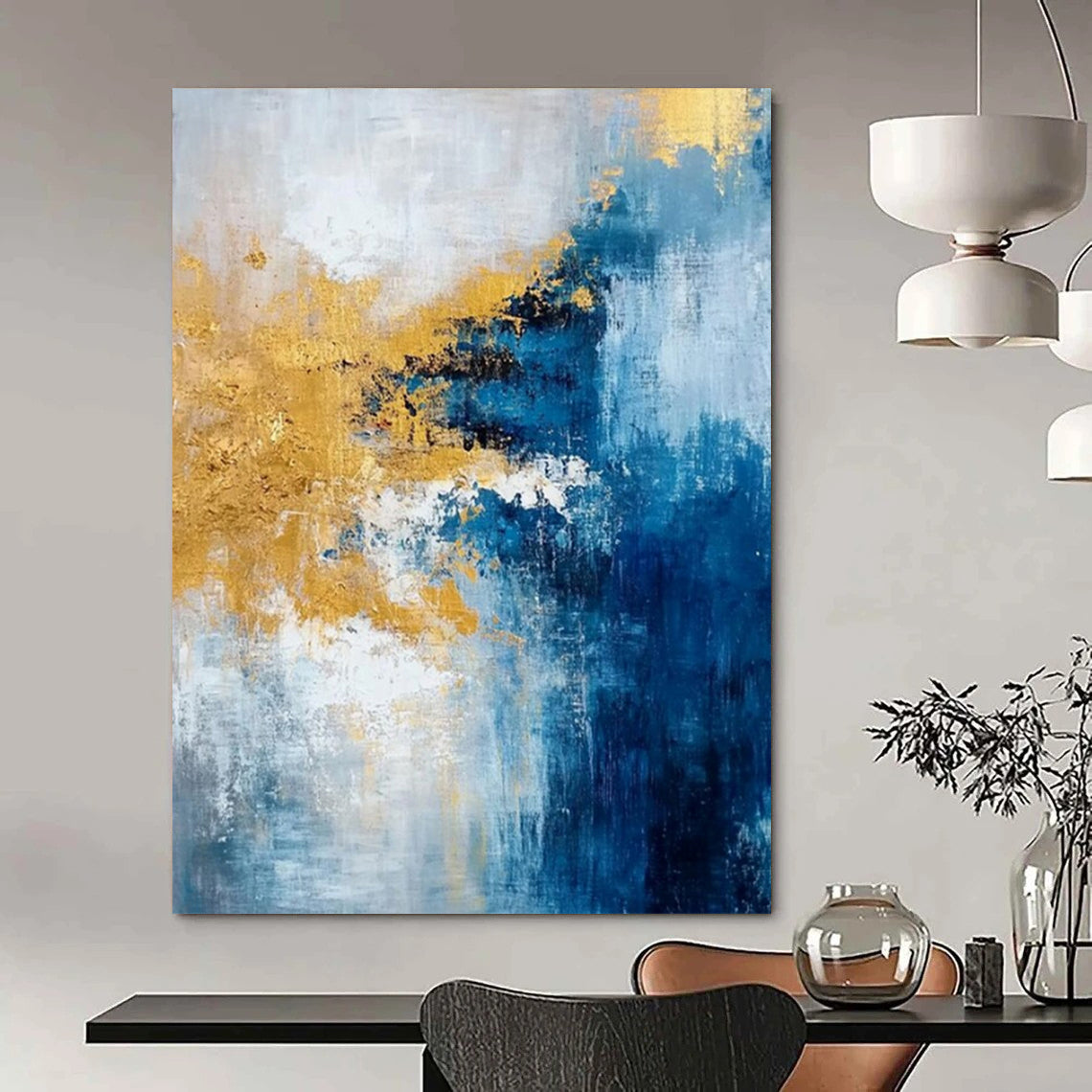 “Blue, Gold, White Colliding Waves” – Vibrant Abstract Art CT1009