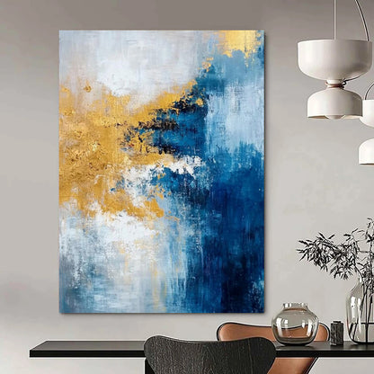 “Blue, Gold, White Colliding Waves” – Vibrant Abstract Art CT1009