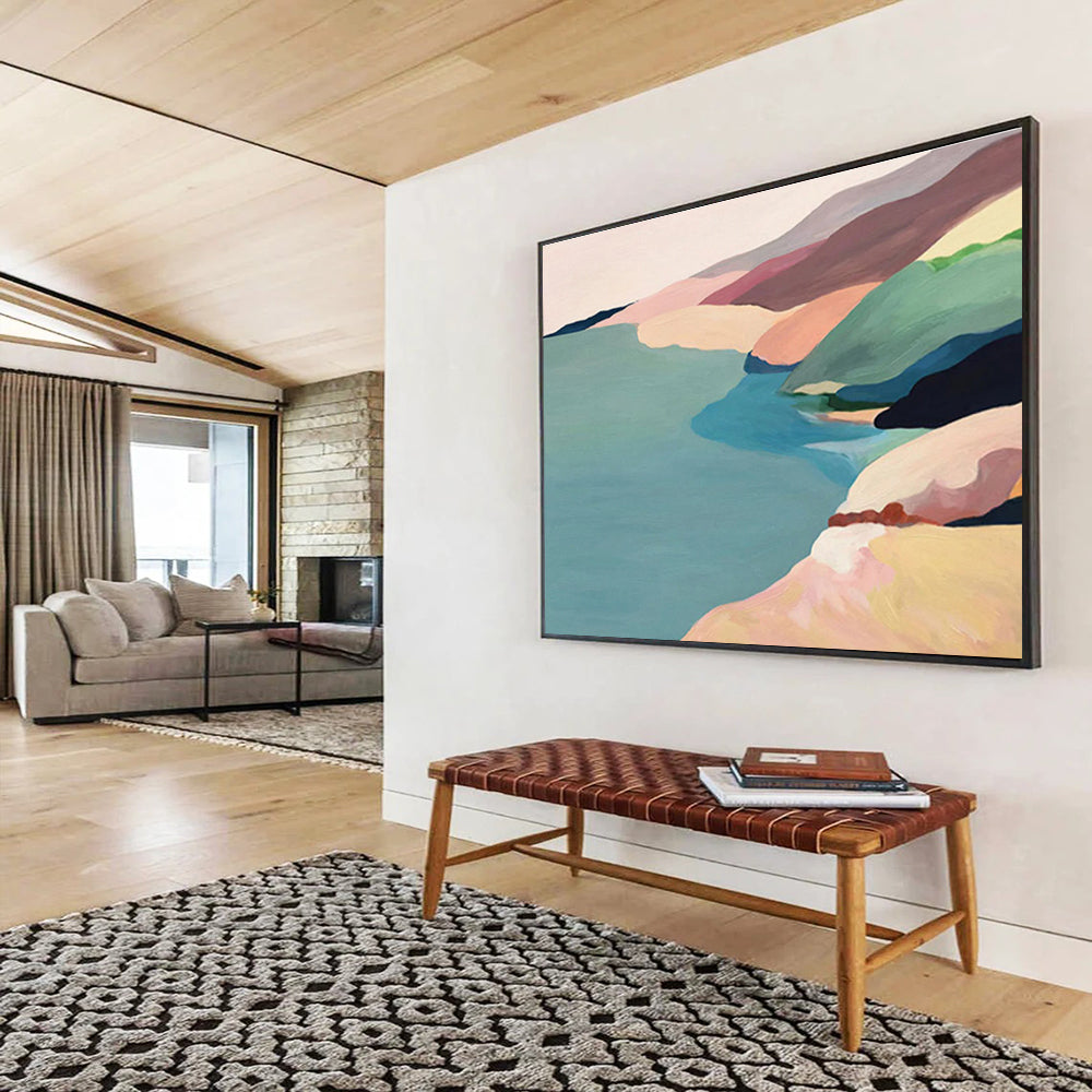 “Pastel Coastal Ridges” - Soft Pink, Blue, Green Minimalist Landscape Painting On Canvas DKH741
