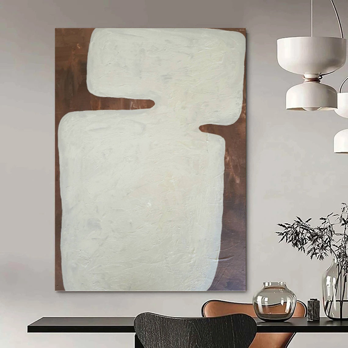 “White Abstract Shape on Brown Background” - Minimalist Abstract Painting On Canvas DKH1082