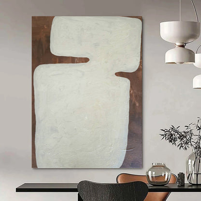 “White Abstract Shape on Brown Background” - Minimalist Abstract Painting On Canvas DKH1082