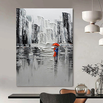 “Urban Rain Romance in Grayscale & Red” - Textured Cityscape Painting On Canvas DKH1600