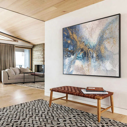 Blue & Gold Abstract Flow - Gray, Blue & Gold Fluid Art Painting On Canvas DKH893