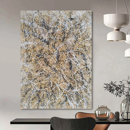 “Beige and Black Web” - Beige and Black Abstract Drip Painting On Canvas DKH1574