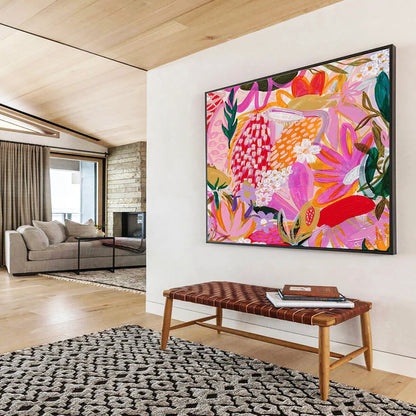 “Tropical Floral Fiesta” - Pink, Purple, Orange Exotic Floral Folk - Art Inspired Painting On Canvas DKH708