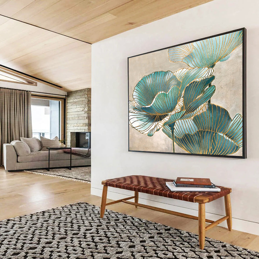 “Blue & Gold Floral Abstract” Abstract Decorative Painting On Canvas DKH428