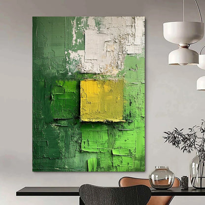 “Green - Yellow Textured Squares” - Impasto Abstract Painting On Canvas DTP029