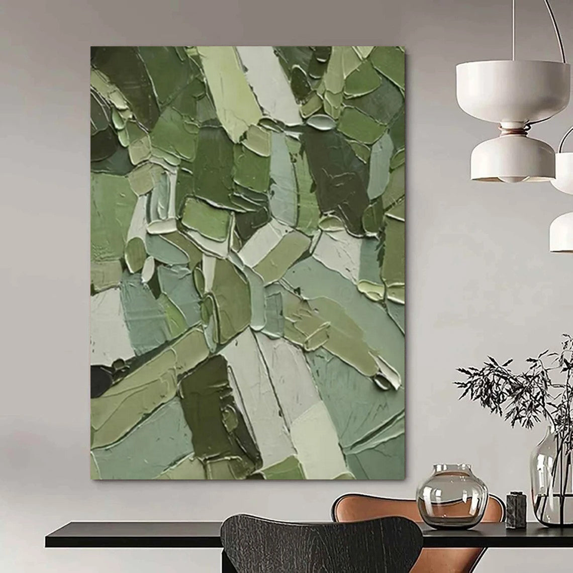 Green Geometric Impasto - Geometric Abstract Painting On Canvas CT2296