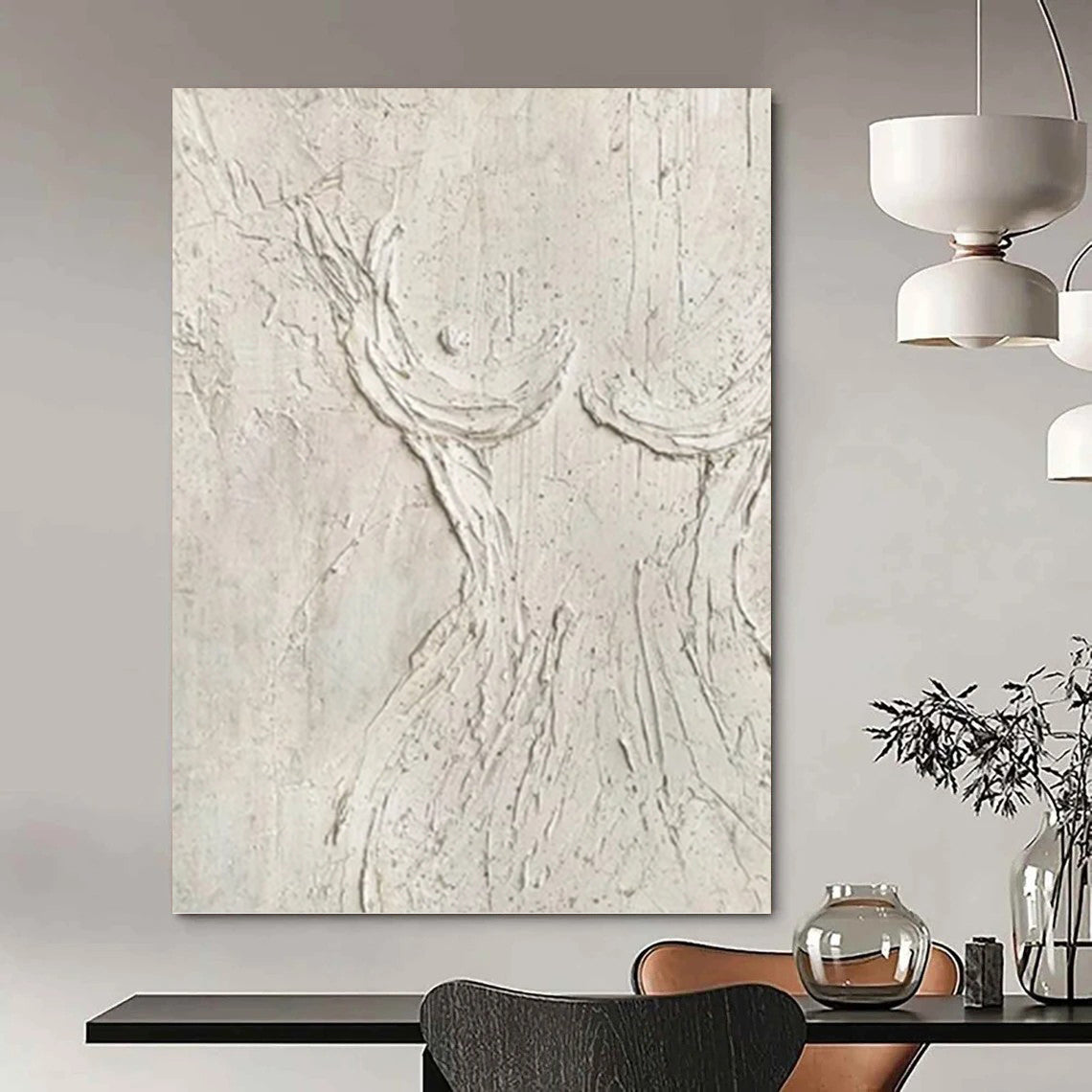 “White Textured Abstract Tree Form” Painting On Canvas DKH0989