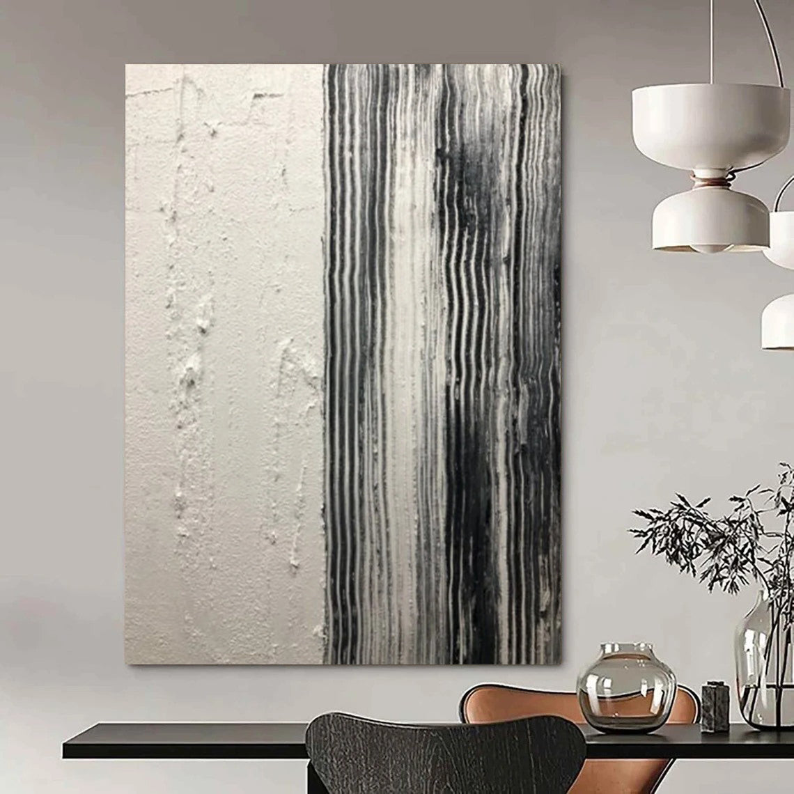 “White, Black Textured Stripes ‘Industrial Calm’” - Impasto Abstract Painting On Canvas DTP382