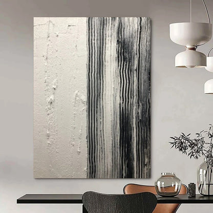 “White, Black Textured Stripes ‘Industrial Calm’” - Impasto Abstract Painting On Canvas DTP382