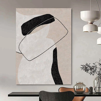 “Beige, Black, and White Interlocking Forms” – Geometric Abstract Painting（Variation） CT1122