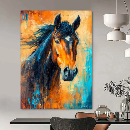 “Dynamic Horse Portrait” - Orange, Blue & Black Equine Painting On Canvas CT2210