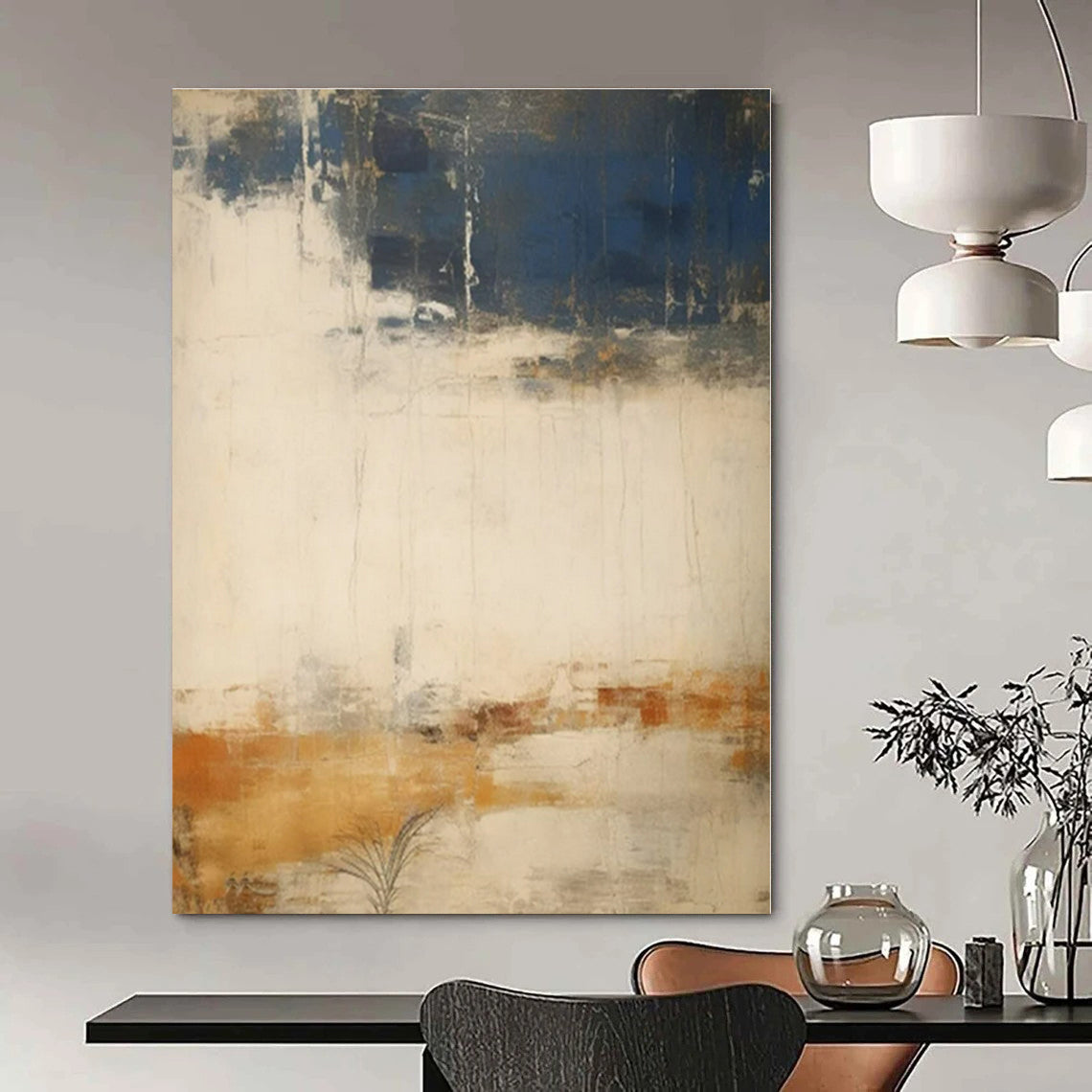 Navy, Orange & Neutral Tones - Abstract Expressionist Acrylic On Canvas CT1341