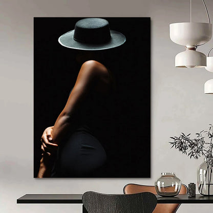 “Black Silhouette of a Woman in Hat” - Figurative Painting On Canvas DKH1606