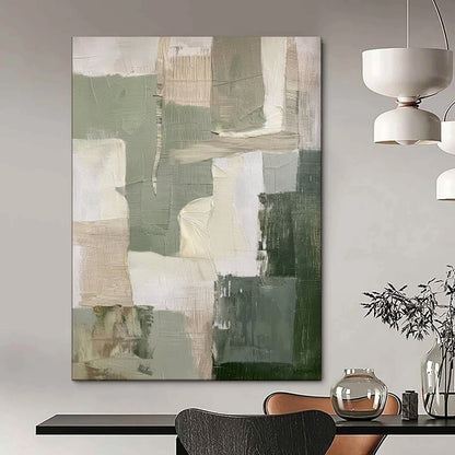 “Earthy Tones Patchwork” – Abstract Geometric Oil Painting with Green and Beige Blocks CT2053